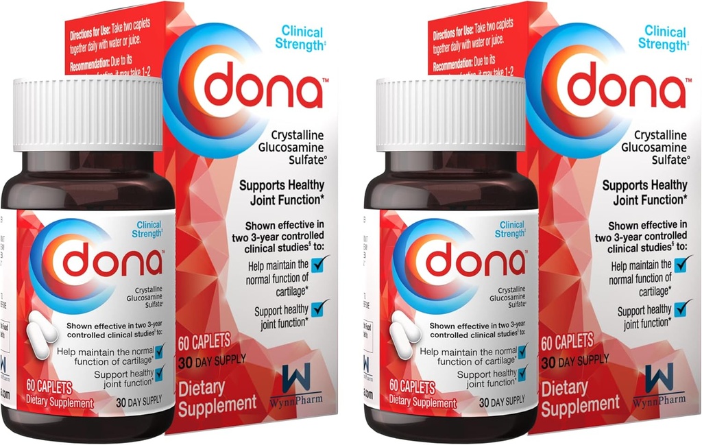 Dona Crystalline Glukosamin Sulfate, 750 Mg, Joint Supplement piller for Knee Comfort & Joint Health Support, 750 Mg, 60 Count (2 Pack).
