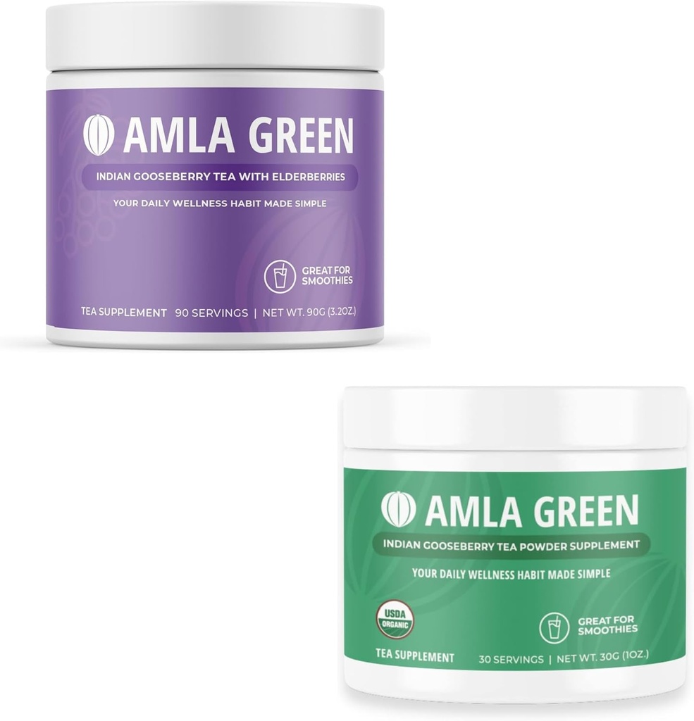 Amla Powder & Green Tea Superfood Supplement, Antioksidant støtte, laget med eldbær (90 Serveringer) & Indisk Goosebær (30 Serveringer), Organisk, Vegan