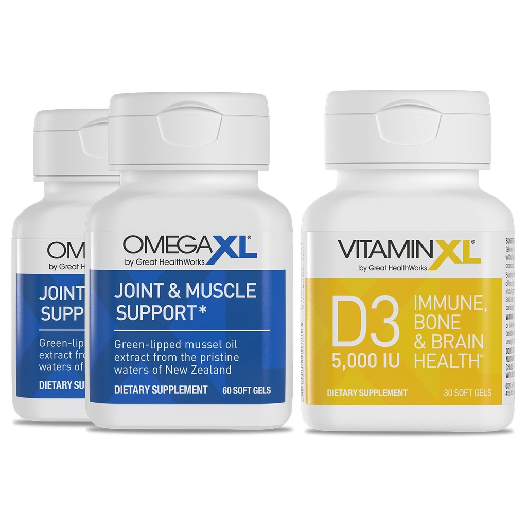 OmegaXL Joint Support Supplement - Naturlig muskel / immun støtte, 60 Softgels (2 Pack) & VitaminXL D3 høy styrke daglig vitamin D 5000 IU 125mcg Supplement (30 Softgels)