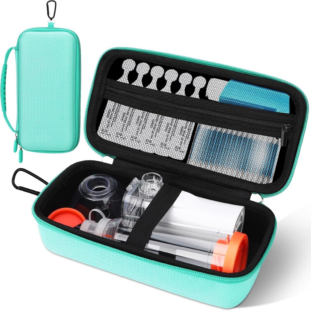 Astma Inhaler Case, Portable Nebulizer Organizer, Reise-Ready med Mesh Pocket, Dobbel glidelås, Silikon håndtak, barn og voksne, stilig grønn