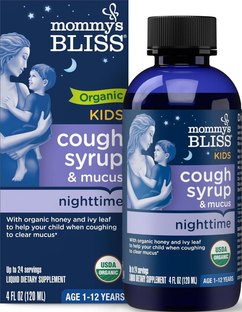 Mamma's Bliss Organic Kids Cough Syrup & Mucus Relief for nattetid, Agave & Honning, Ivy Leaf, Sink, Vitamin C, + Herbal Nighttime Blend, 4 Fl z