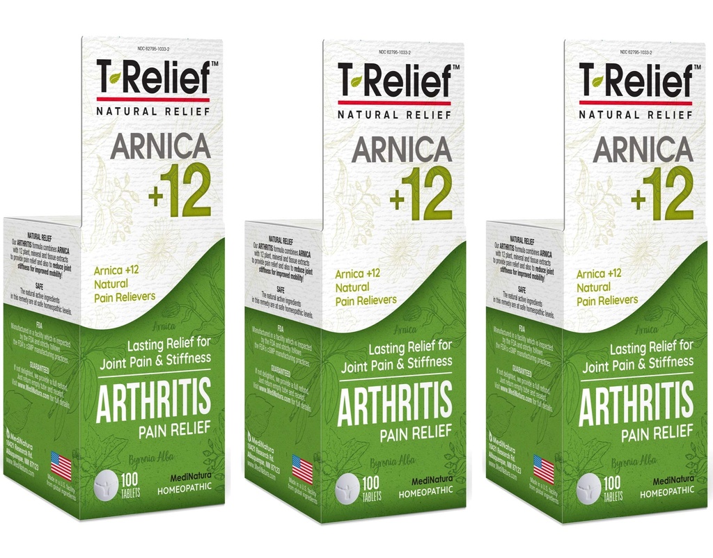 T-Relief Extra Styrke Arthritis Smerte Reliever Arnica + 12 Naturlige medisiner for felles Soreness Stivhet Aches, rask oppløsning smerte lindring for kvinner og menn - 100 tabletter (pakke av 3)