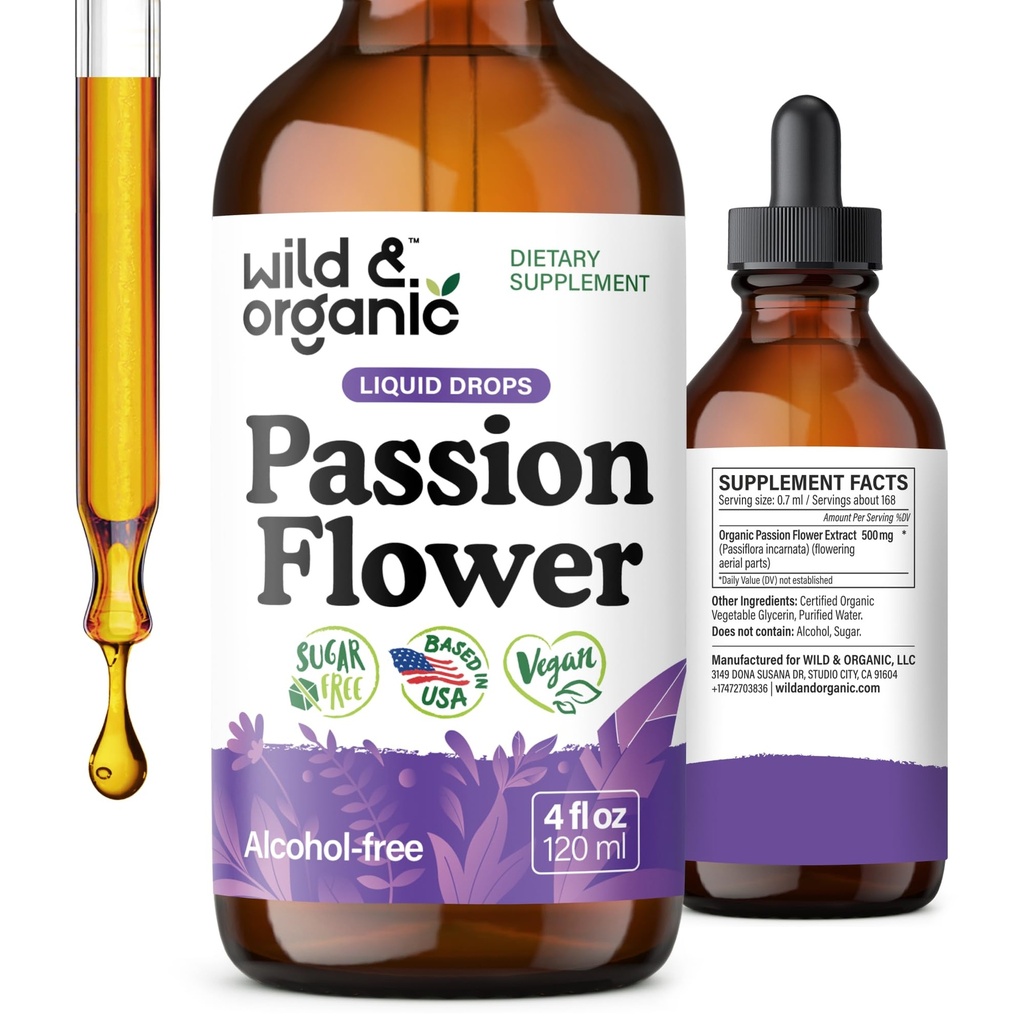 Wild & Organic Passion Blomster Tinktur - Mood Support - beroligende Passionflower Supplement - Passiflora Incarnata Liquid Extract - Vegan, Sukker & alkoholfri urter - 4 fl oz