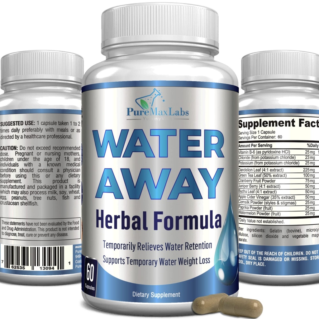 Vann Away Gentle Herbal Diuretic - Natural Diuretic Vannpiller - Relieve Bloating, Redusere overflødig vannvekt med Dandelion Leaf, Grønn Te, Detox Cleanse & Urinal helse. Ikke-GMO, 60 kapsler