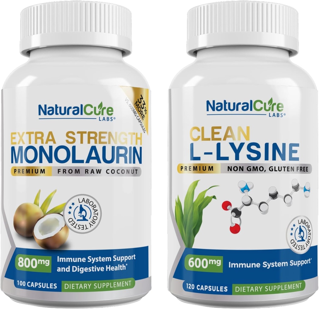Naturlig Cure Labs Bundle: ekstra styrke Monolaurin 800mg + ren L-Lysine 600mg