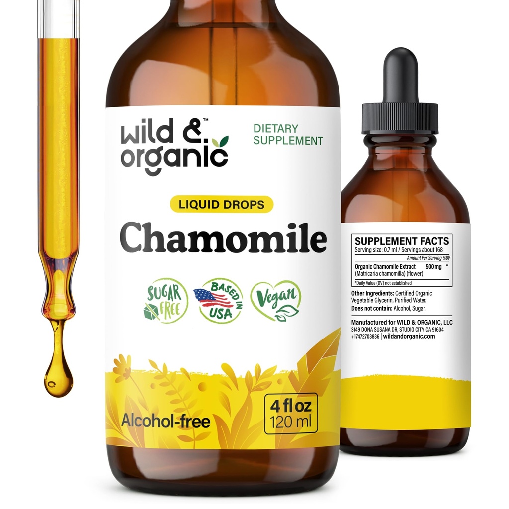 Wild & organisk kamille Blomster Tinktur - beroligende kosttilskudd for avslapning - Kamille Ekstrakt flytende dråper - Vegan, Sukker & alkohol-fri - 4 fl oz