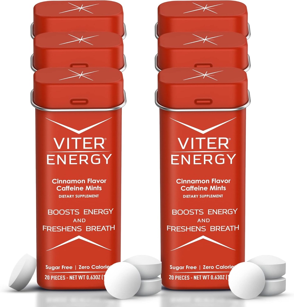Viter energi Koffein mynter (120 stykker) - 40 mg koffein, sukkerfri, vegansk, B-vitaminer kompleks, energitilskudd koffeinpiller (Cinnamon, 6 pakke)