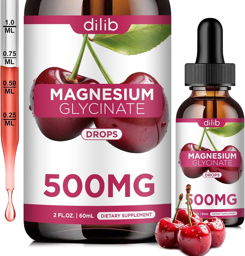 Magnesium Glycinat Supplement, Magnesium Glycinat flytende faller 500 mg med kalsium, sink, vitamin B6, D3, L-theanin, Omega 3 for søvn, Mood, Stress Relief, Bein, Muskel, Cherry Flavor