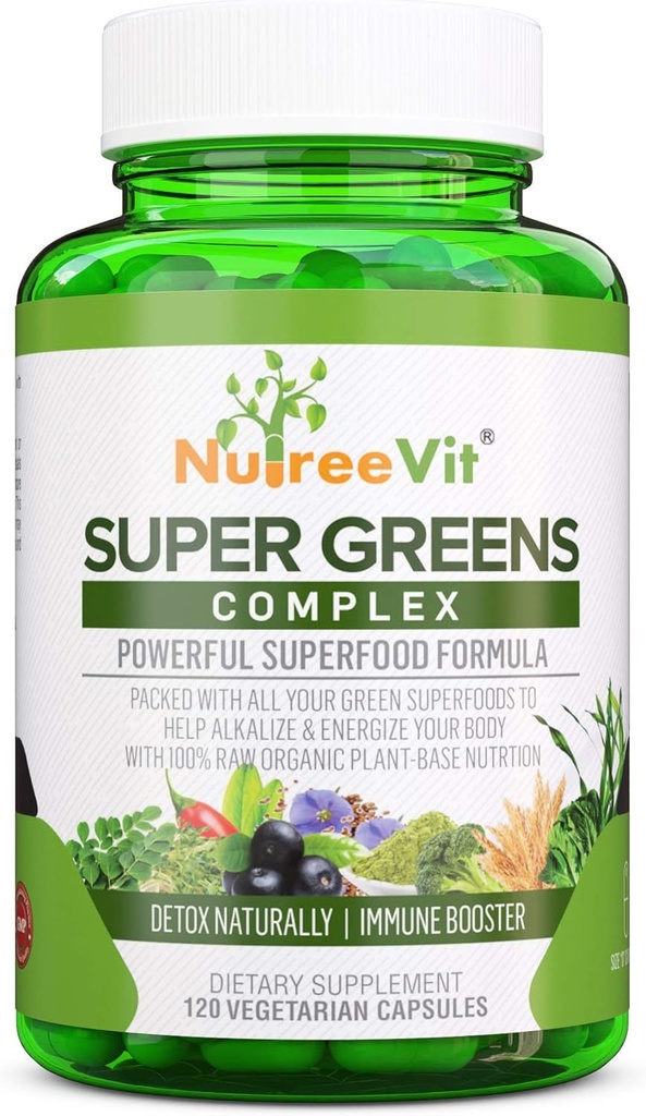 SuperGreens - Spirulina, Chlorella, Wheatgrass + Mer - Nutrient-pakket grønn blanding (90 kapsler)