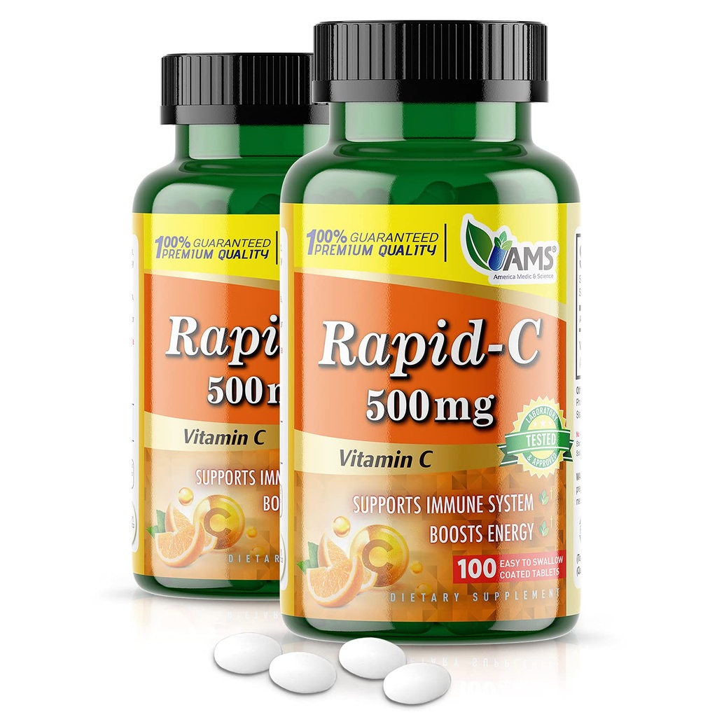 Amerika Medisin & Science Rapid-C 500 mg vitamin C Supplement (2 Pakke med 100 tabletter) Energi Booster, Daglig immunsystem støtte, Antioksidant | Vegan, ikke-GMO coated askorbinsyre for voksne menn og kvinner