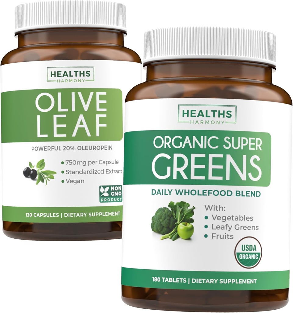 Olive Leaf Extract & Organic Super Greens (4-måneders forsyning) Pure Plant Power Bundle of Olive Leaf Extract (120 Kapsler) Super styrke & organiske Super Greens (180 Tabets) Organic Superfood