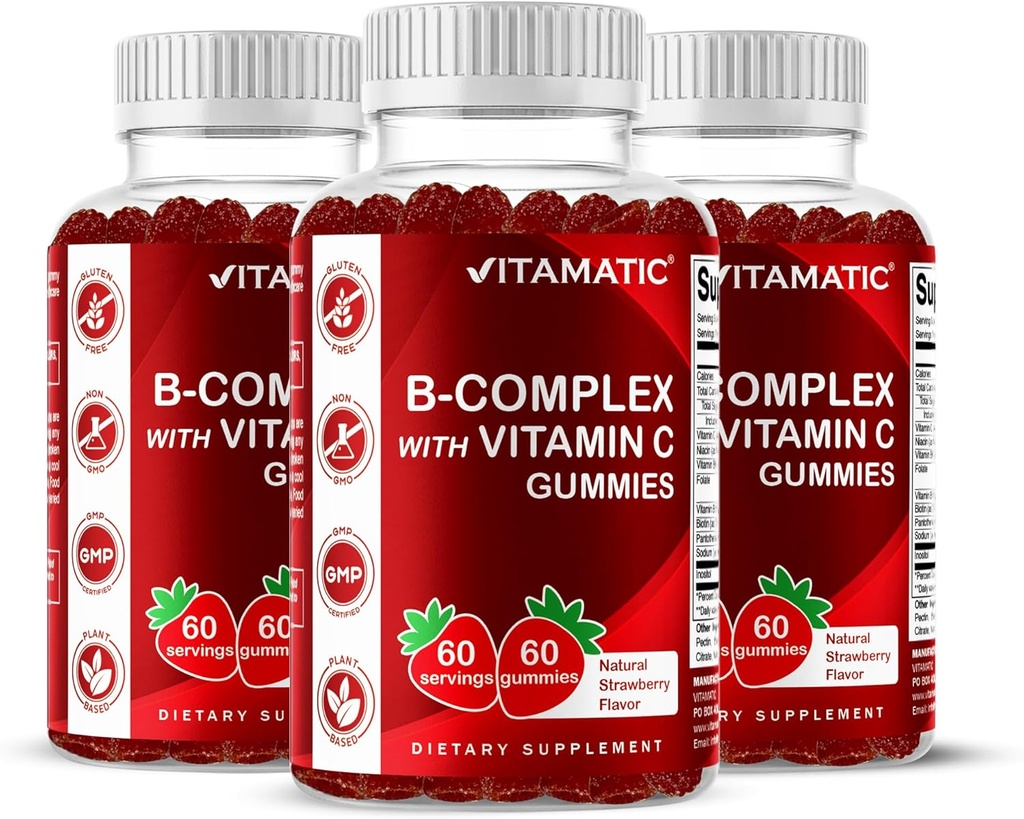 Vitamatisk vitamin B komplekse gummier med vitamin C & Inositol - Naturlig Strawberry Flavor - 60 gummier (3 flasker)