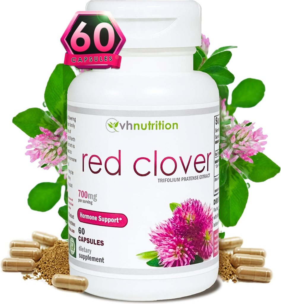 VH Ernæring RED Clover | 700mg Trifolium Pratense ekstrakt | Hormon Balance * og Menopause støtte* for kvinner | Naturlig relief for Hormonal Fluctuations og total velvære | 60 kapsler
