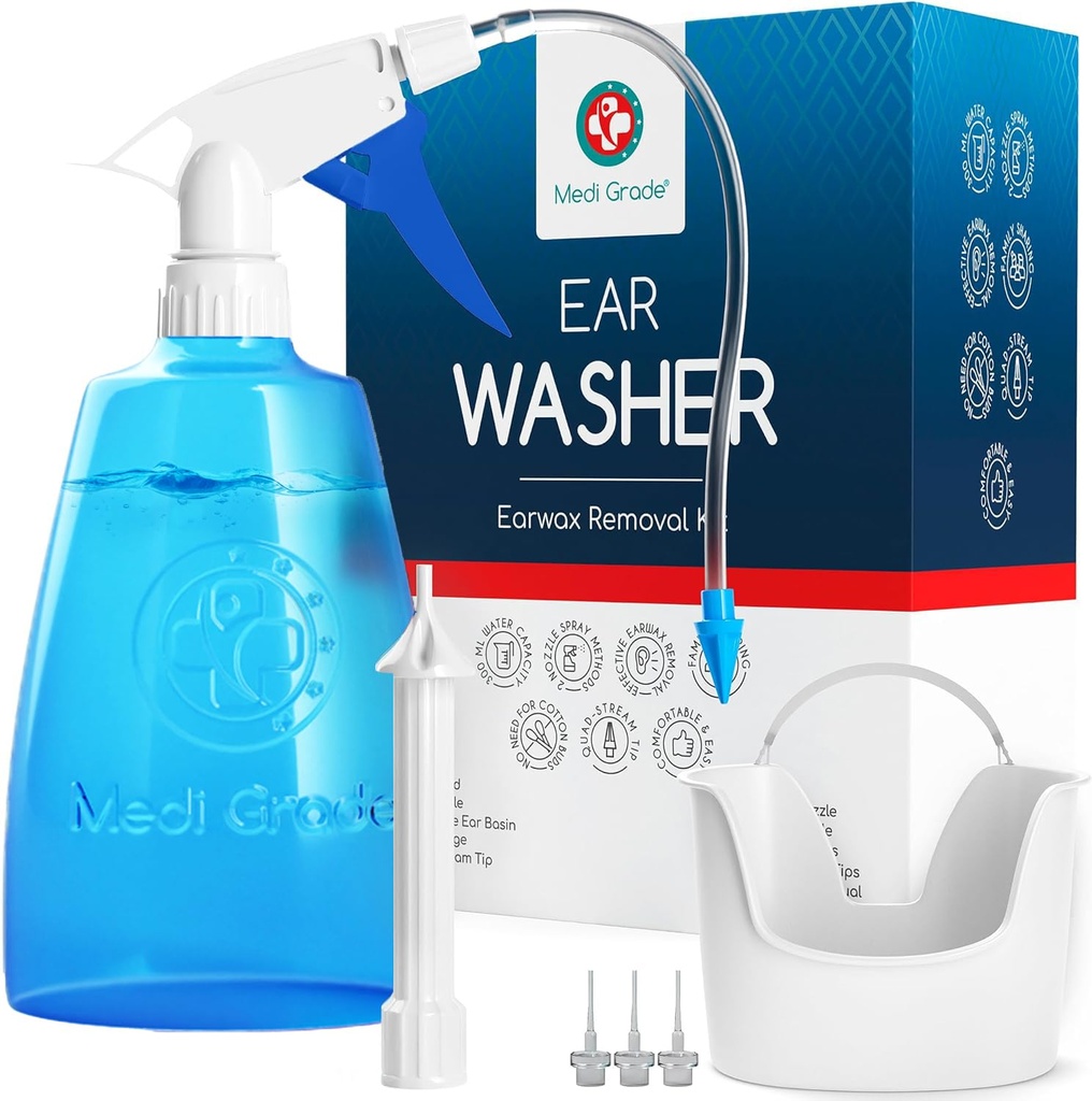 Medi Grade ørerensesett inkludert ørerenserflaske, basseng med Quad-Stream tip - ørevoksfjerning Kit for forbedret hørselsklarhet - ørevoksfjerning verktøyet for ørehygiene