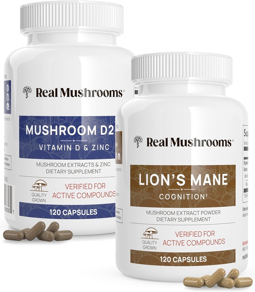 Ekte Mushrooms vitamin D2, Sink, Chaga, Reishi (120ct) og Lion's Mane (120ct) Bundle - immunitet og kognitiv støtte, Chelated sink for forbedret absorpsjon - Vegan, Glutenfri, ikke-GMO
