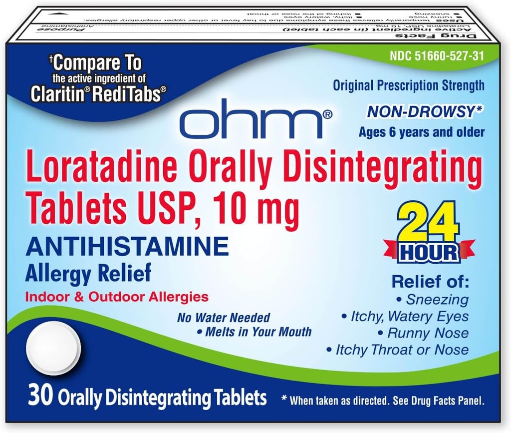 Ohm Loratadin 10 mg Allergi medisin - Ikke Drowsy hele dagen Allergi relief, 24 timers antihistamin, oralt desintegrere tabletter, effektiv relief, for alder 6 og opp - 30 teller