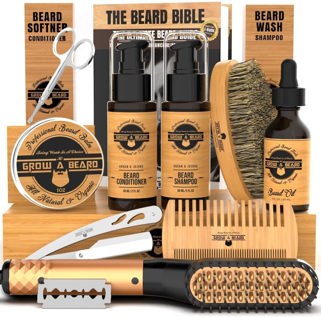 Beard Straightener Grooming Kit for menn, Skjeggvekstsett, Vaske, børste og Comb, Uscented vekstolje, Alle naturlige Chanel Balm, Betingelse, Razor & Scissors, Great Gave Idea for menn (Bamboo)