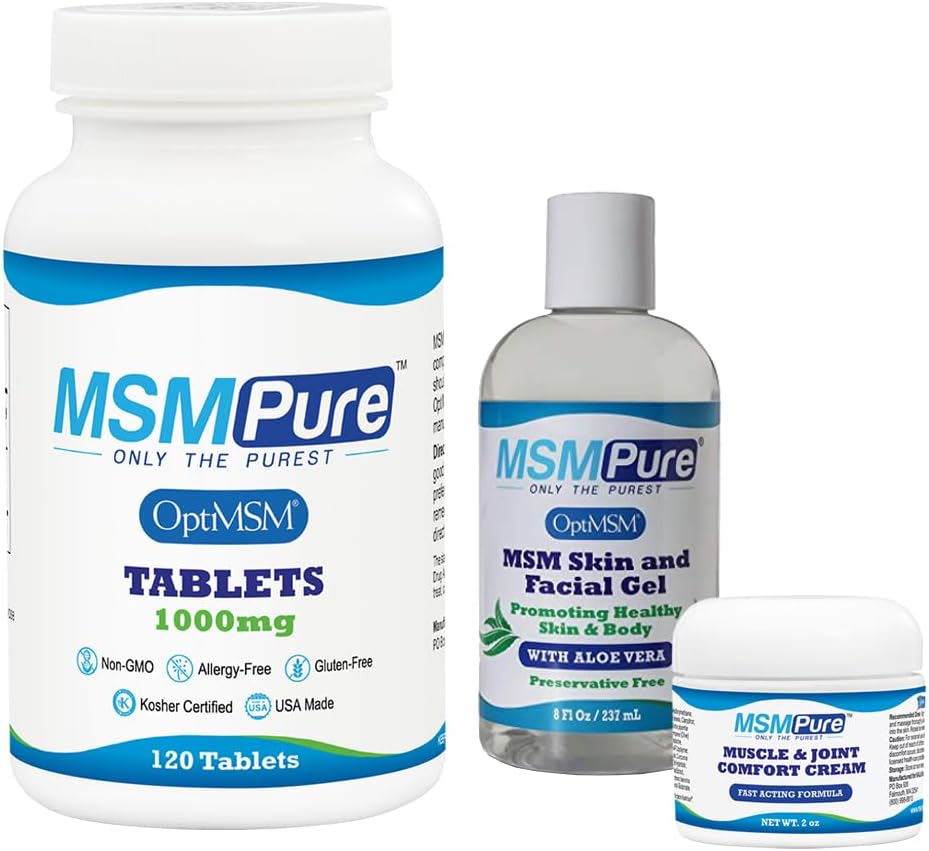 KALA Helse MSMPure Starter Bundle med MSM-tabletter 120 greve, MSM Muscle & Joint Cream 2oz og MSM Gel med organisk Aloe 8oz