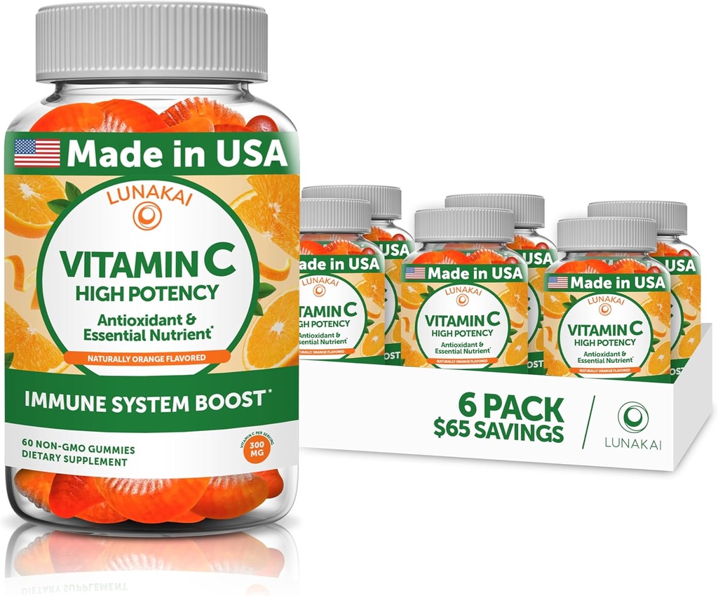 Lunakai Vitamin C Gummier for voksne og barn - Økologisk VIT C Vegansk Chewable Gummy Vitaminer - 250 mg Voksen, Barn, Toddler Chews - 6 Pack