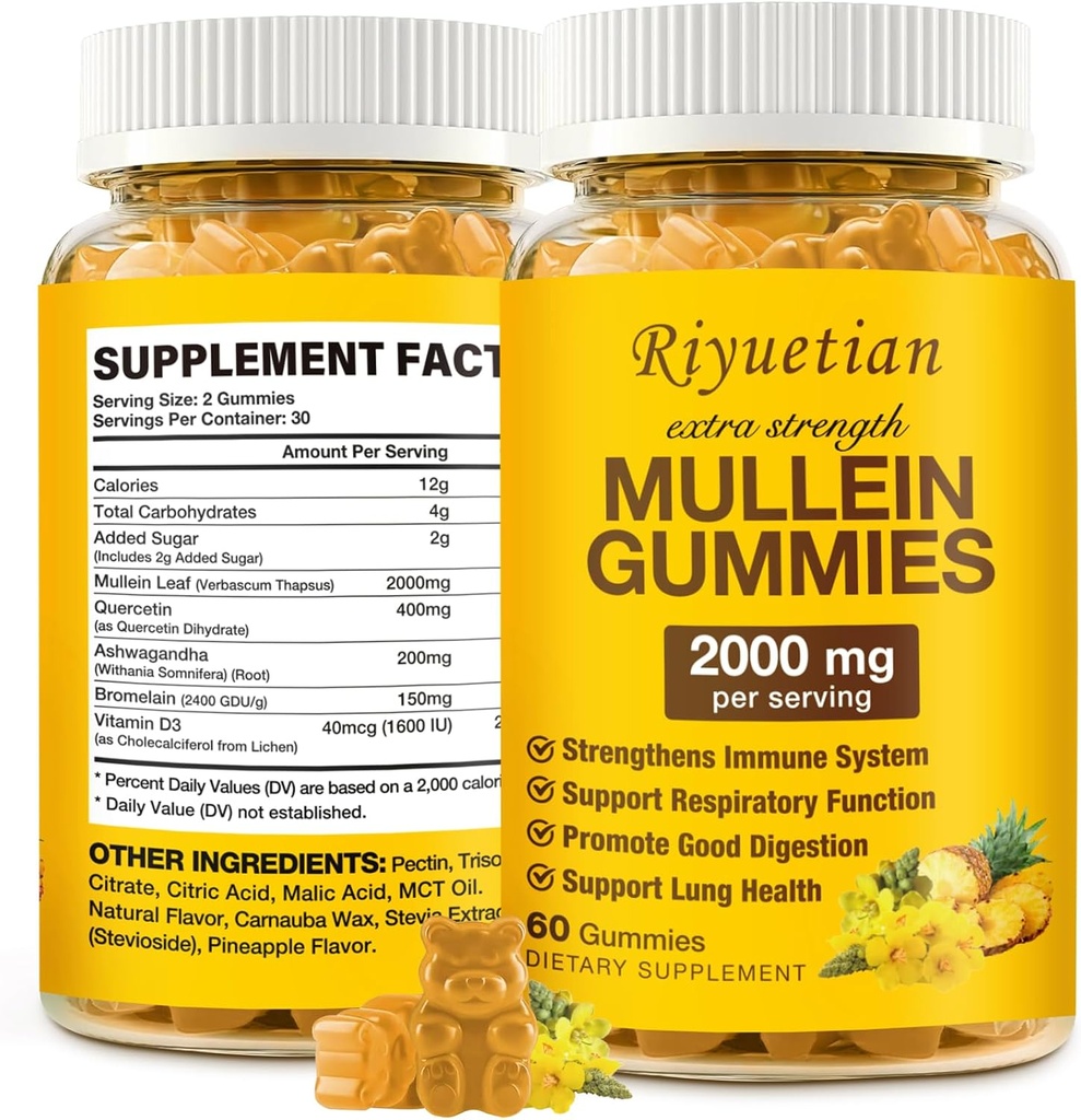Mullein Gummies, 2000mg organisk mullein Leaf ekstrakt for klare lunger, økt respirasjon og digestive, immunforsterkning for voksne og barn, Allergivennlig, ikke-GMO, 60 gummier