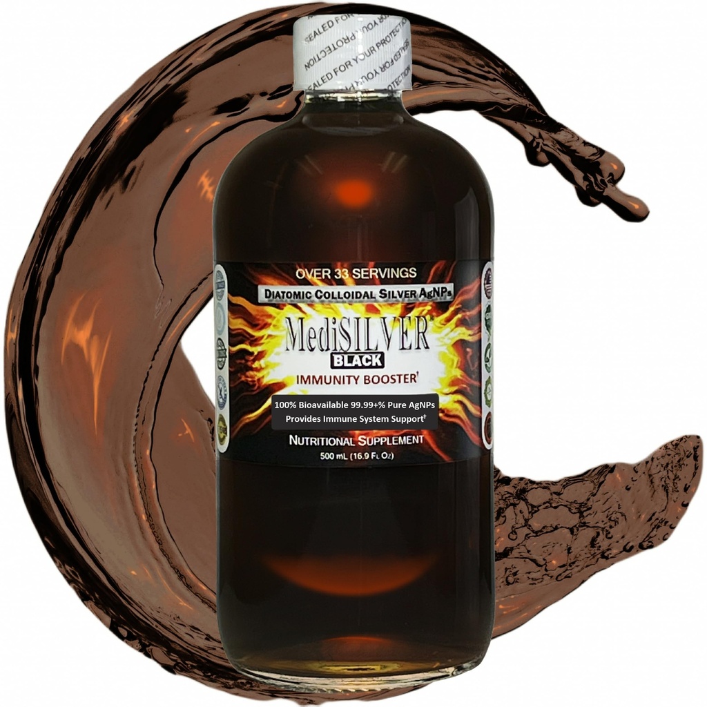 Medisilver Svart Immunitet Booster Diatomic True Colloidal Silver AgNP Nutrient - 500 ml i klar glassflaske