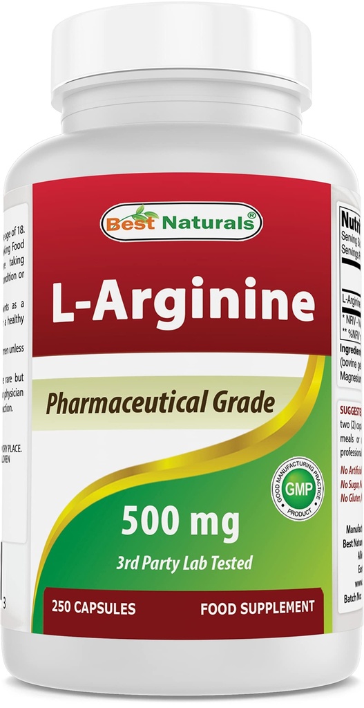 Beste Naturals L-Arginine 500mg 250 kapsler - Farmasøytisk Grade L Arginine supplement fremmer nitrogenoksid syntese