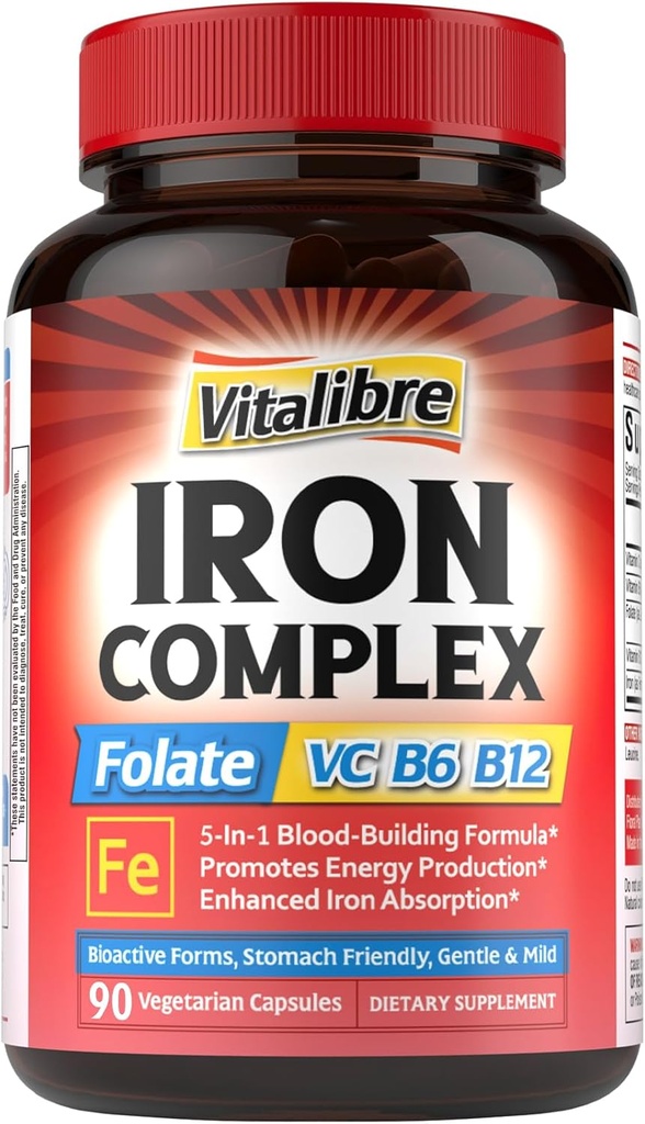 jern Supplement for kvinner og menn, med vitaminer C, B6, B12 & Folate for jernmangel, blodbygging og energi støtte, magevennlig, bedre absorpsjon, ikke-GMO, Ingen gluten, 90 Vegan Caps