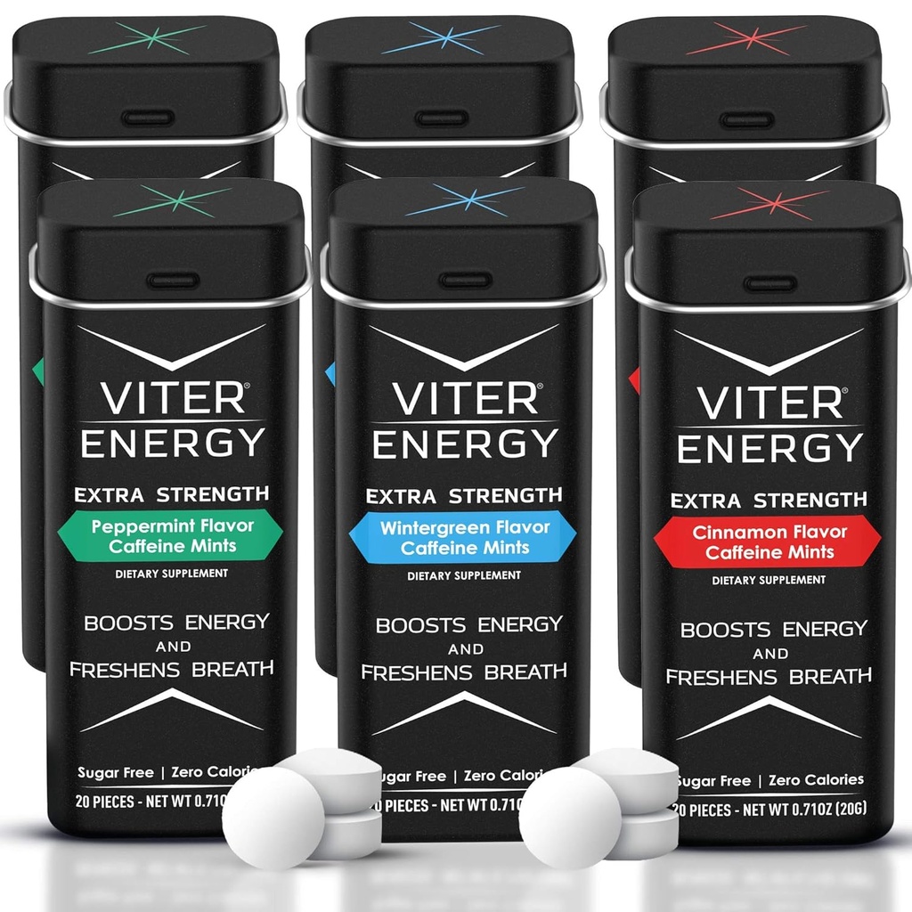 Viter energi ekstra styrke koffeinert mynter 80 mg koffein, B vitaminer, sukkerfri. (Variety, 20pcs, 6 Pack)