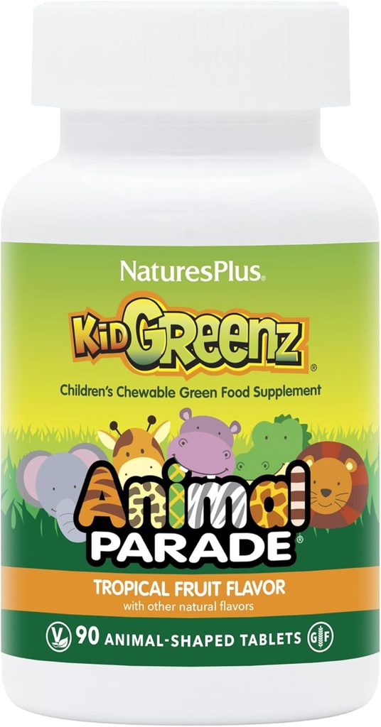 NaturesPlus Animal Parade KidGreenz, Tropical Fruit Flavor - 90 Animal-Shaped, Chewable Tabletter - Pakke med 2 - med Broccoli & Spinat - Vegetarisk, Glutenfri - 180 Total Services