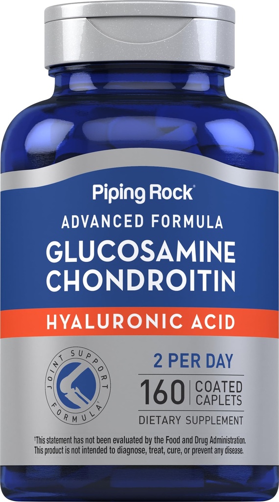 Piping Rock Glukosamine Chondroitin for kvinner og menn | 160 Caplets | Supplement med hyaluronsyre | Avansert formel | Ikke-GMO, Glutenfri