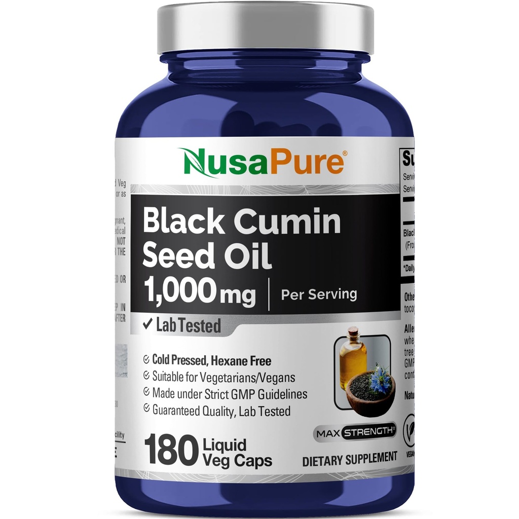 NusaPure Black Seed Oil 1000 mg per servering 180 Softgel Kapsler (Non-GMO, Vegetarisk) Kaldpresset Jomfru Nigella Sativa. Hexan Free