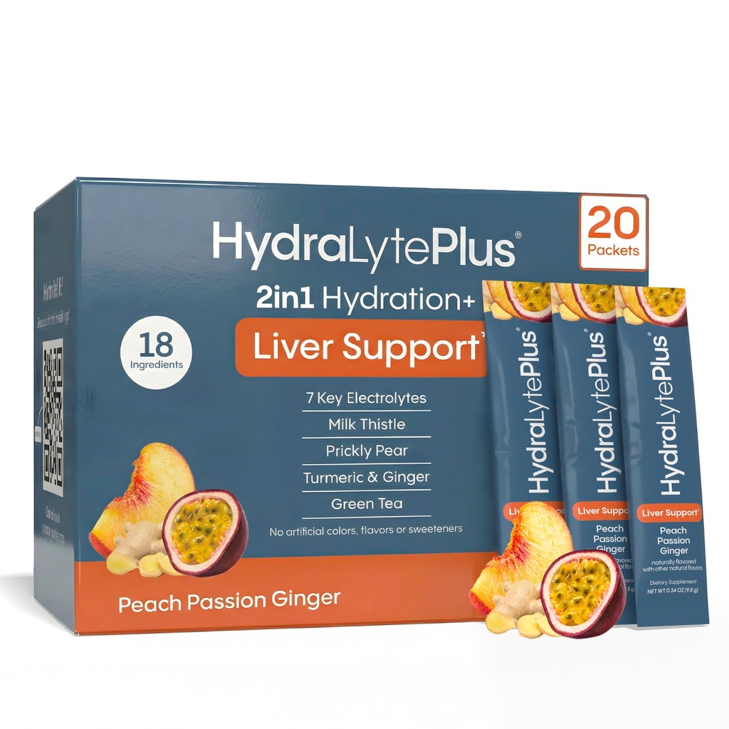 Hydralyte leverstøtte + Electrolyte Blande med Melk Thistle, Turmeric, Ginger, Prickly Pear, Grønn Te Ekstrakt Formulert for rask rehydrering (Peach Passion Ginger, 20 Packets)