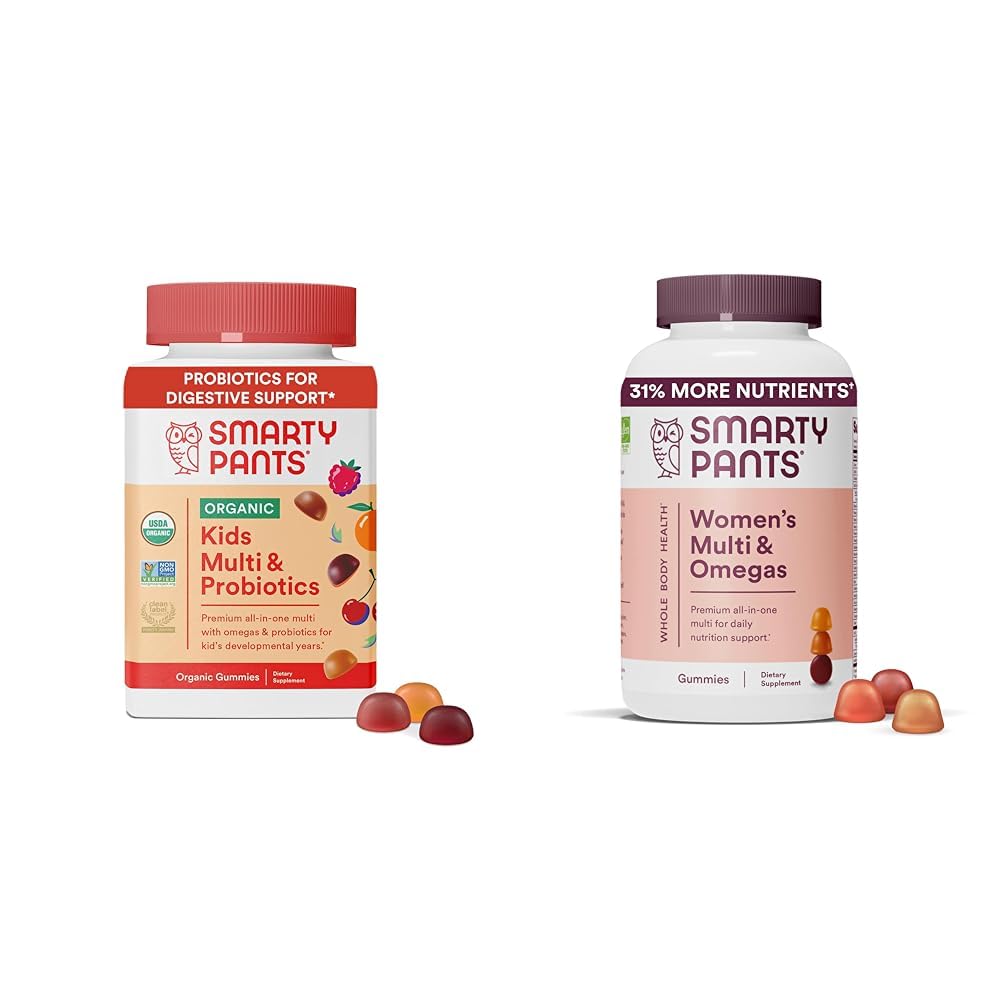 SmartyPants Organic Kids Multivitamin Gummies: Probiotika, Omega 3 (ALA), Vitamin D3, C, Vitamin B12 & Kvinners Multivitamin Gummies: Omega 3 Fish Oil (EPA / DHA), Metylfolat, CoQ10