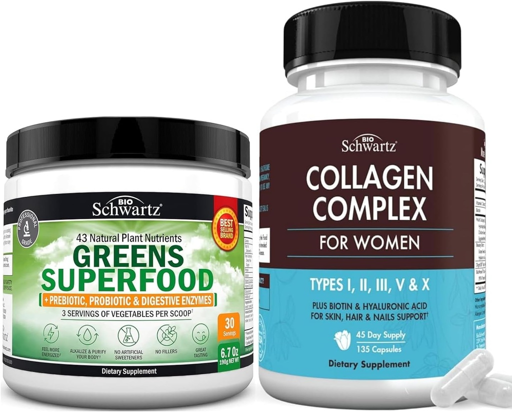 Super Greens pulver med probiotika Prebiotika og Digestive Enzymer (30 Services) Plus Hydrolysert Collagen Peptid Kapsler (45 dagers forsyning)