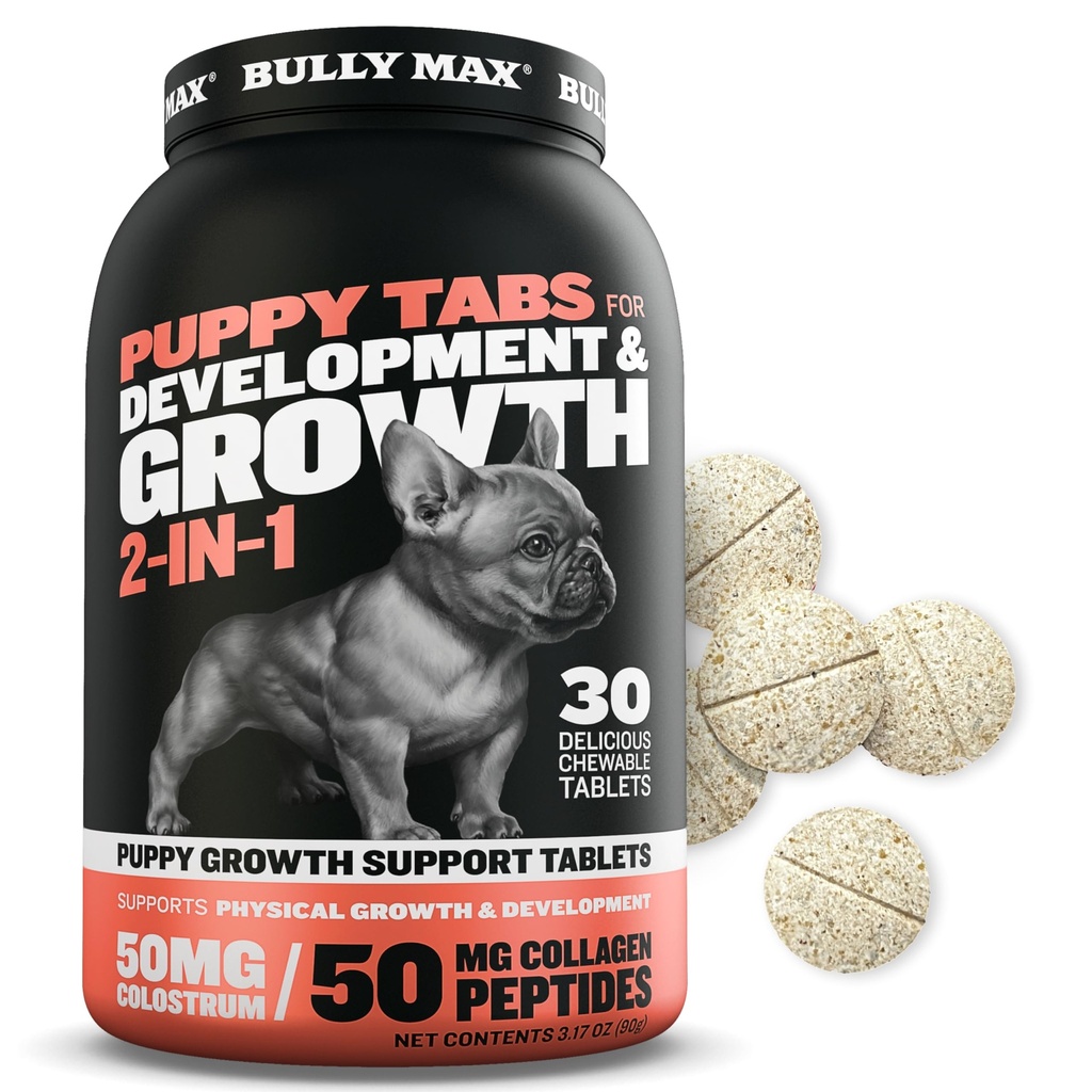 Bully Max 2-i-1 Puppy vitaminer - 30 Chewable Tabletter for utvikling og vekst av valper - Hundebehandlinger, vitamin og kosttilskudd for små hunder og store avler voksende valper - kan brukes som mattupper