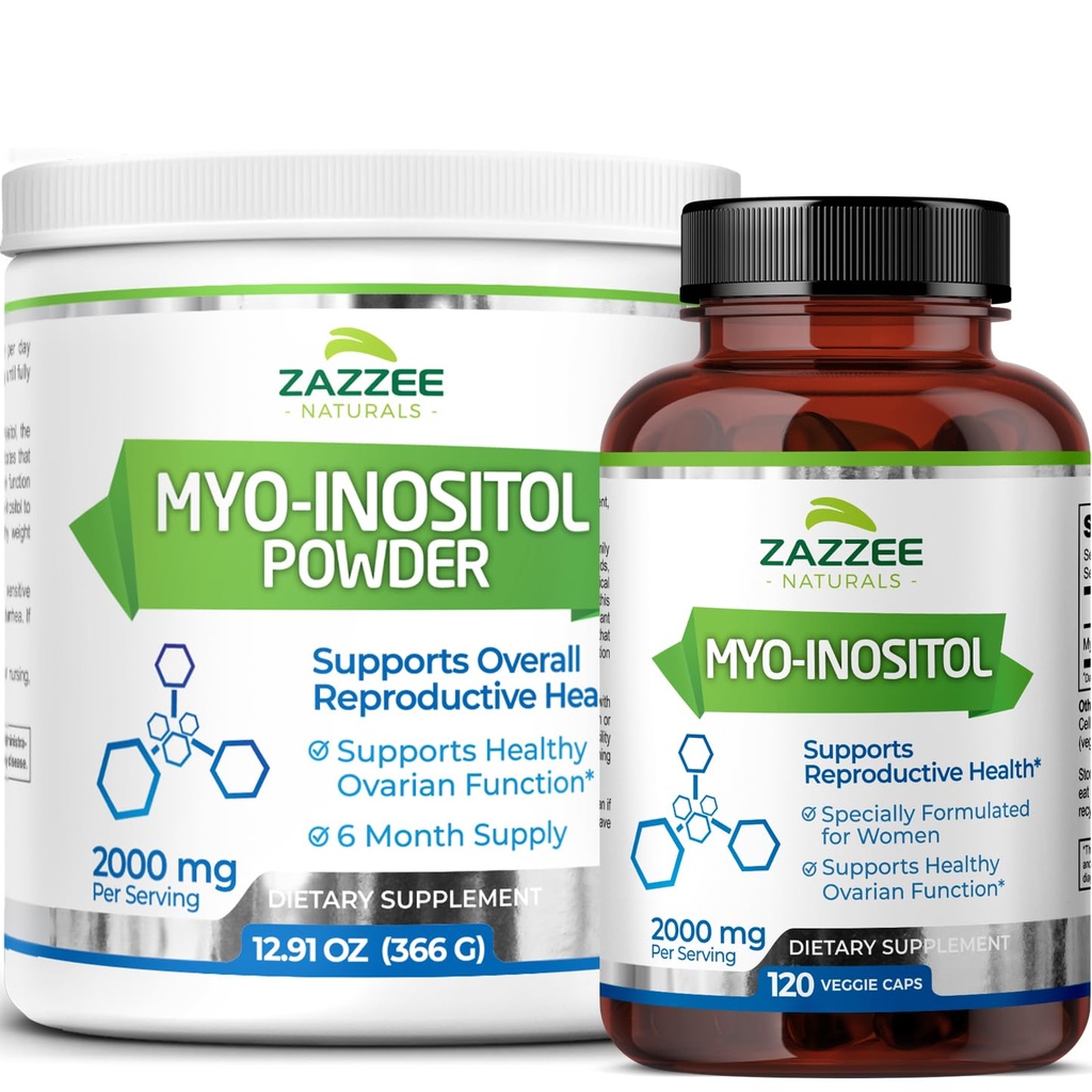 Zazzee Myo-Inositol kapsler og Myo-Inositol pulver, 100% ren, premium kvalitet, vegan, ikke-GMO og alt naturlig