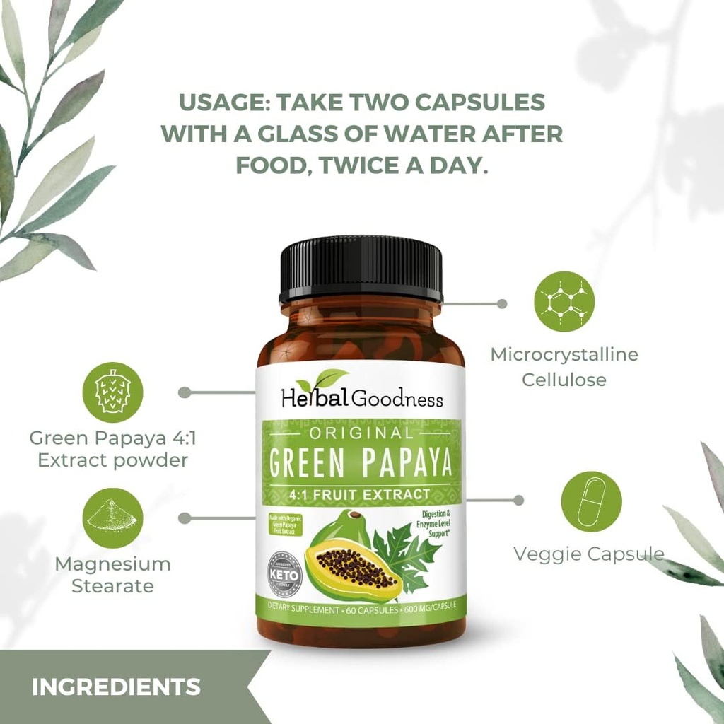 Grønne Papaya Kapsler 4X Styrke, Organisk Papaya Leaf & Fruit Ekstrakt for trombocytoper, Digestiv Helse, Enzymer, Probiotika, Antioksidanter – 600 mg, 60 Kapsler, tilfelle av 12 – Herbal Goodness