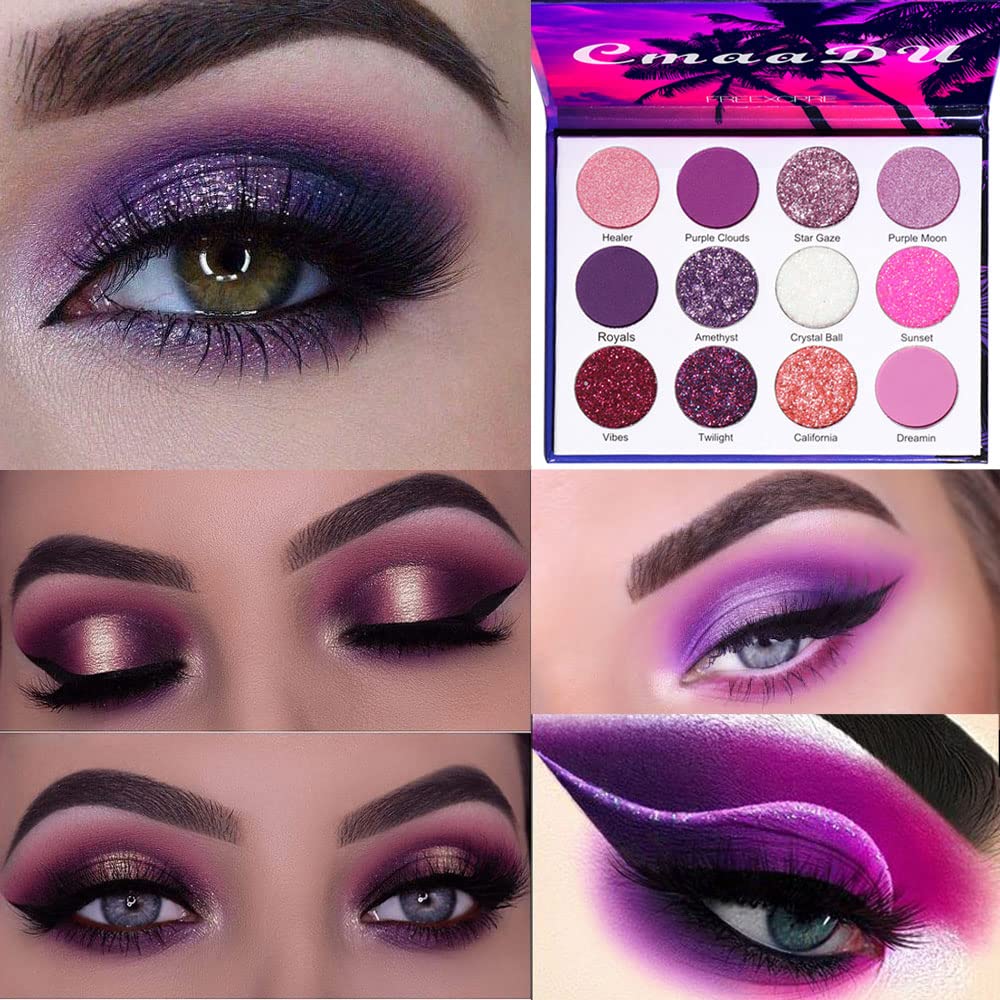 BINGBRUSH 12 farger glidende lilla rosa billige øyeskygge makeup palett,Bright høy griset metallisk Shimmer Rainbow fargerik presset øyenskygge øye makeup sett for jenter