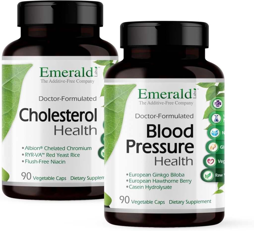 EMERALD LABS Kolesterol Helse (90 Caps) og blodtrykkshelse (90 Caps) - Støtte hjerte og sirkulasjonssystem - støtte blodtrykksnivåer i et normalt område - Glutenfri - 30-dagers forsyning