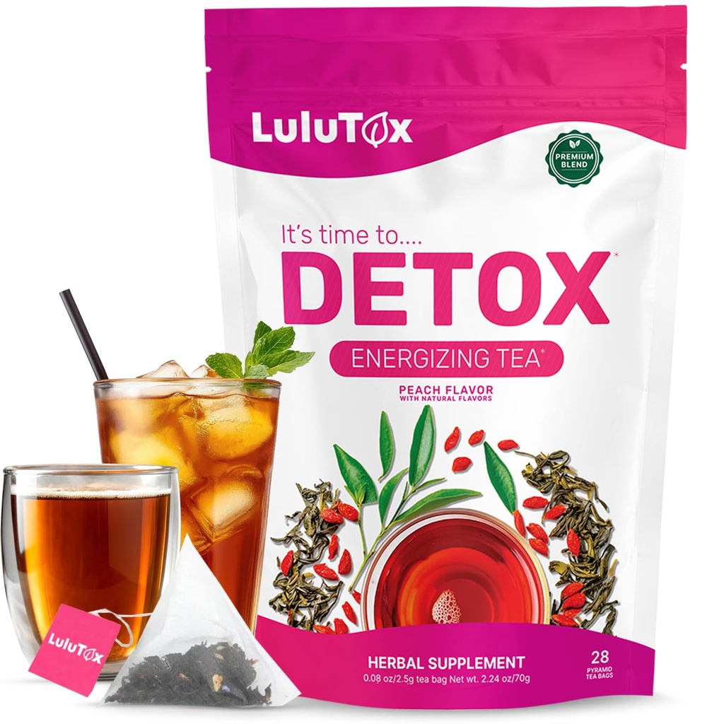 LULUTOX Detox Tea - Slimming Te med Dandelion og Ginseng å støtte mål for Detox Cleanse, Flat Belly, Bloating, sunn vekt og digestiv helse - kvinner og menn - Peach Flavor (28 serveringer)