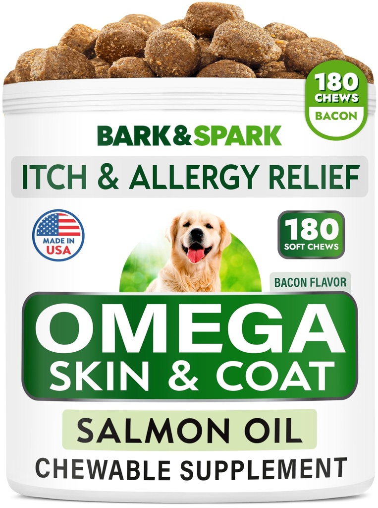 Omega 3 for hunder og katter - 180 fiskeoljebehandlinger for hund shedding, hudallergi, kløe relief, varme flekker behandling - felles helse - hud og Coat Supplement - EPA & DHA fettsyrer - lakseolje - Bacon