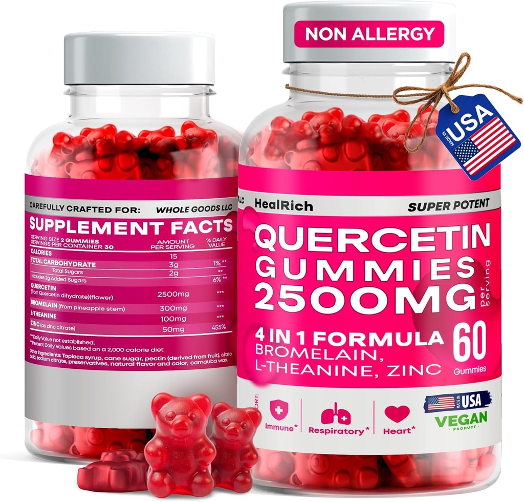 Quercetin Gummies - 2500MG Quercetin med Bromelain L-theanine & Zinc - Pure Supplement for immunsystem Lunge og Allergi støtte - Immunitet Booster Vegan kosttilskudd for barn og voksne - laget i USA