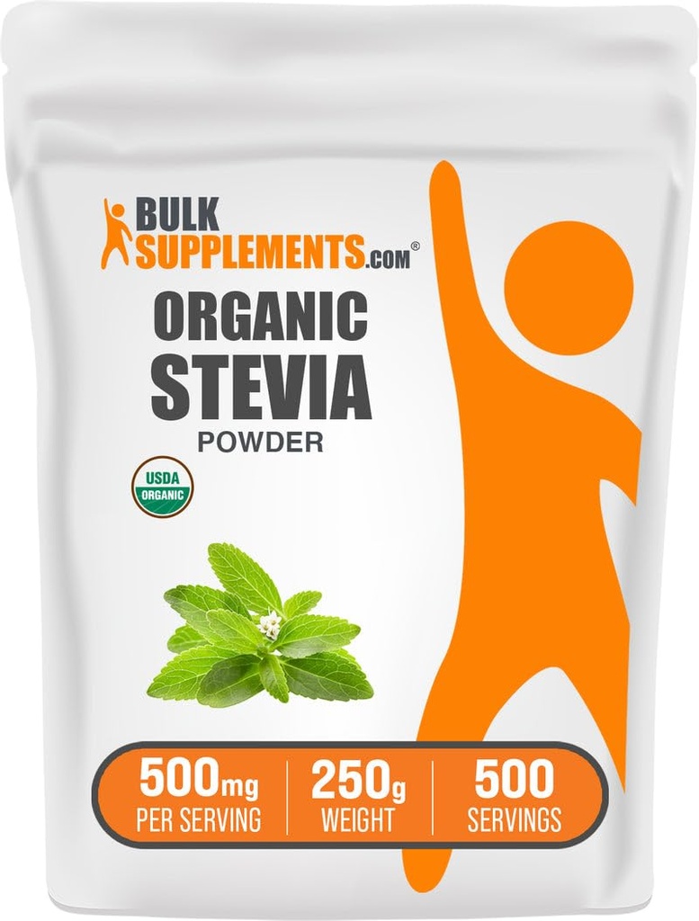 BulkSupplements.com Organic Stevia Powder - Pure Sweetener, utgitt fra Stevia Leaves, Herbal Supplement - Vegansk & Glutenfri, 500 mg per servering, 250g (8,8 oz) (Pack of 1)
