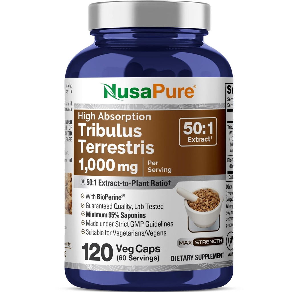 NusaPure Tribulus Terrestris 50:1 Ekstrakt, 1000 mg Ekvivalent med 50 000 mg | 120 Veggie Caps | 95% Steroidal Saponins | Ikke-GMO, Bioperin