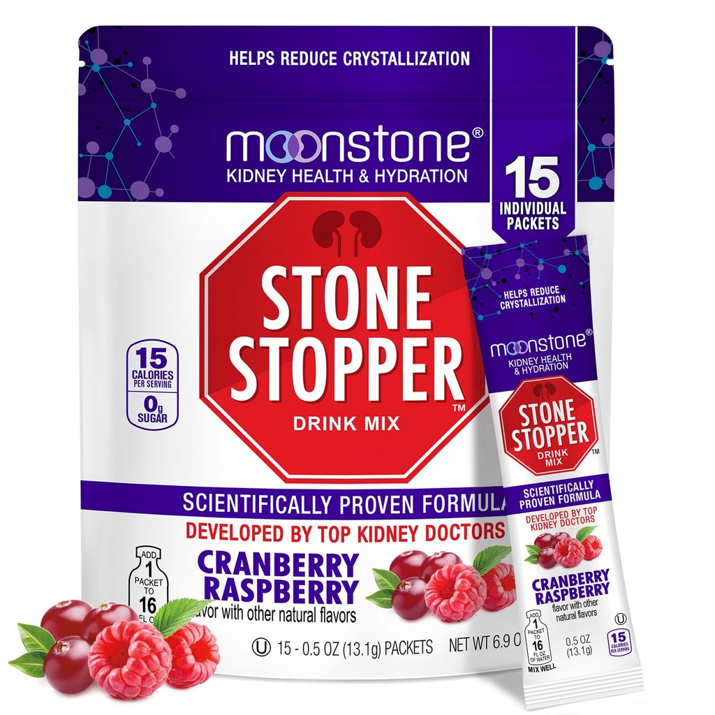 Moonstone Stone Stopper Drink Blande, Cranberry Raspberry, Nyre stein Forebygging, Kalsium oksalat Beskytter, utviklet av urologer å forbedre hydrasjon og støtte Nyre Helse, 15 dagers forsyning