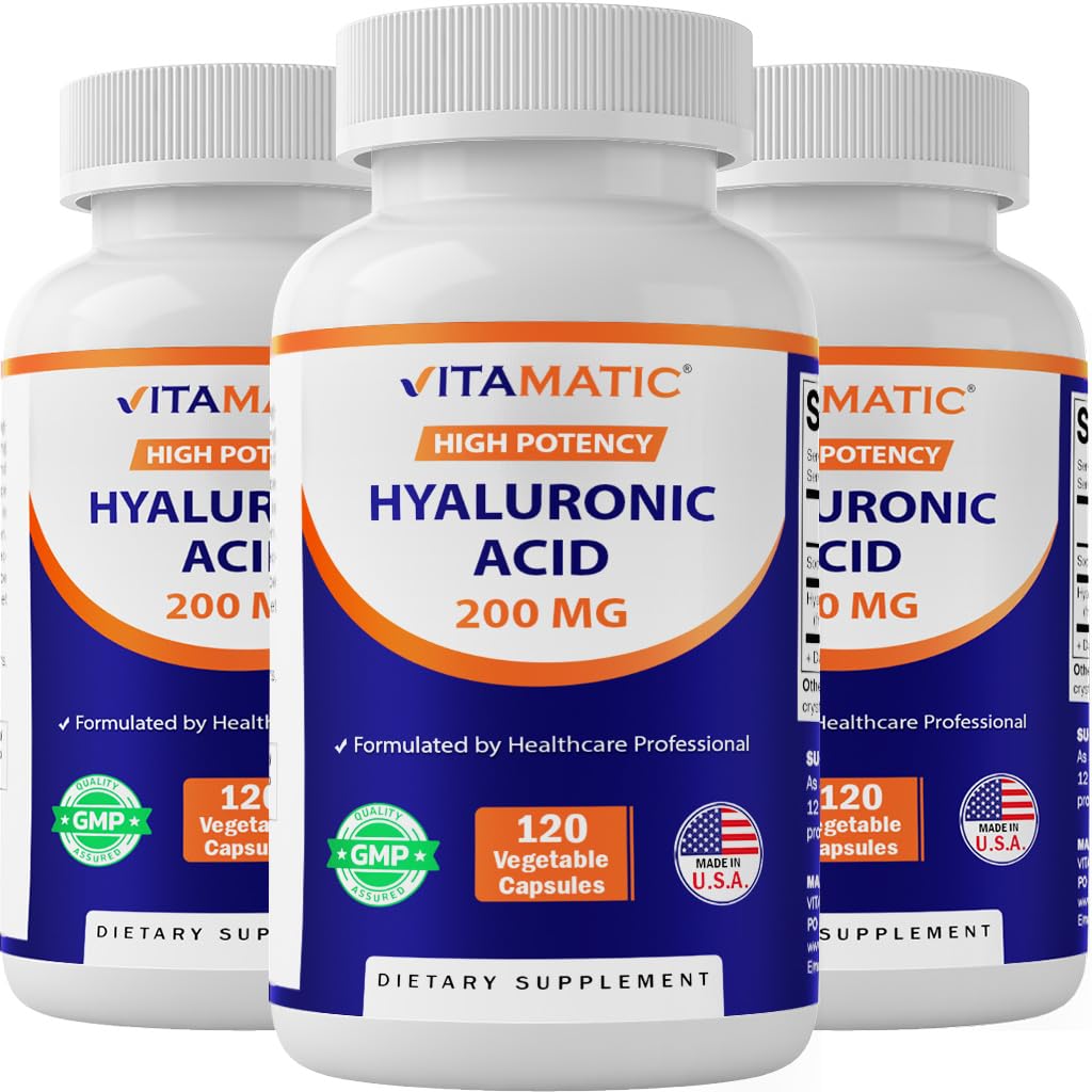 Vitamatic 3 Pack Hyaluronsyre Supplement 200mg - støtter Sunn Connective Vessue og Joints - Fremme ungdommelig sunn hud - Totalt 360 kapsler