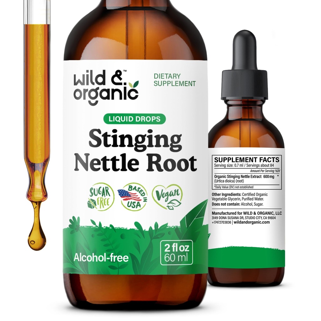 Wild & Organic Stinging Nettle Root Drops - Stinging Nettle Ekstrakt Tinktur for menn og kvinner - Flytende Urtica Dioica Supplement - Vegan, sukker og alkohol-fri - 2 fl oz