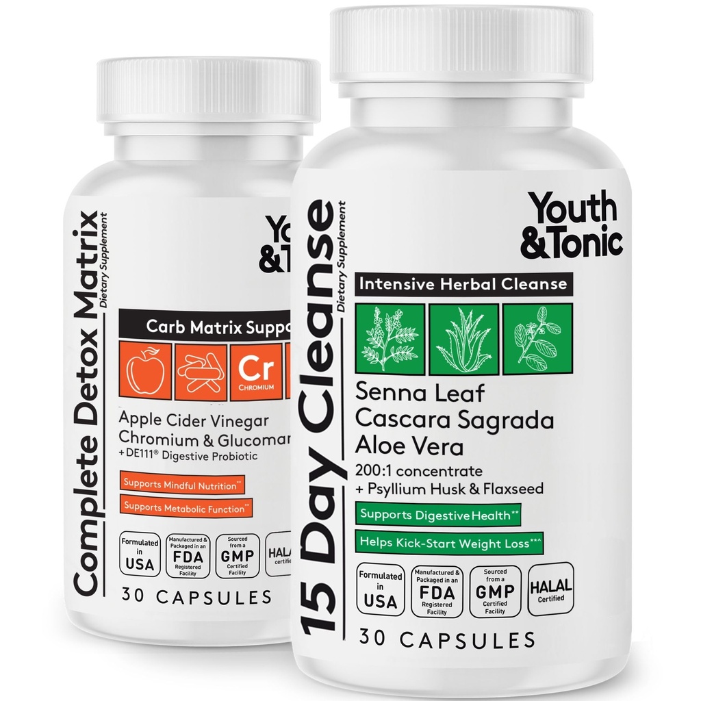 Ungdom & Tonic 15-dagers rengjøring og karbohydrater Matrix støtte for blooting, Gut & Metabolisme helse, Break The Plateau, Føle lettere og energiisert, Colon Cleanser & Detox med ACV, Glucomannan, Chromium, 60 piller