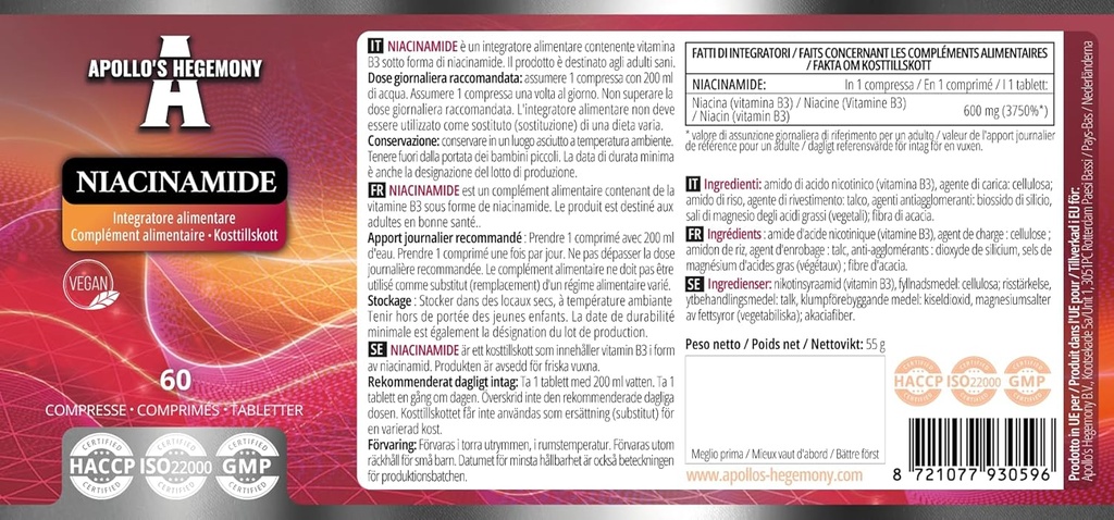 APOLLO'S HEGEMONY Niacinamid 500 mg per tablett - 60 Vegan Tabletter - 2 måneders forsyning - støtter energi og nervefunksjon - vitamin B3 Diett Supplement