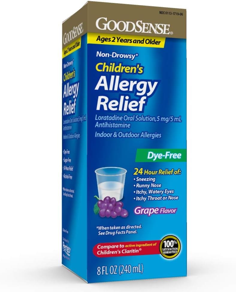 GoodSense Barneallergi medisin, 24 timer Loratadin oral løsning 5 mg/5 ml, Dye-fri, Ikke-Drowsy Antihistamine, Grape Flavor, alder 2 og eldre, 8 oz